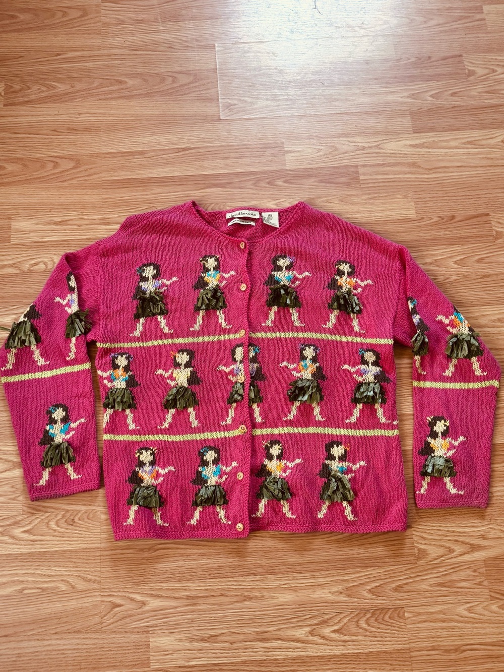 Vintage 90s Cotton Linen David Brooks Hula Dancer Girl Cardigan Sweater Pink XL - Picture 6 of 7